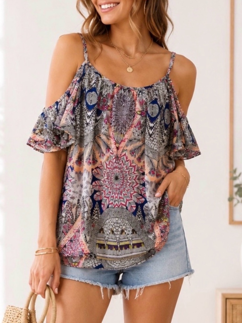 Boho Floral Print Cold-Shoulder Flowy Blouse / Top | Size Medium